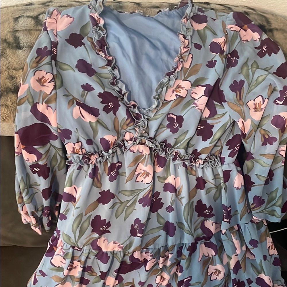 Source Unknown Floral Long Sleeve Dress - Blue and Purple